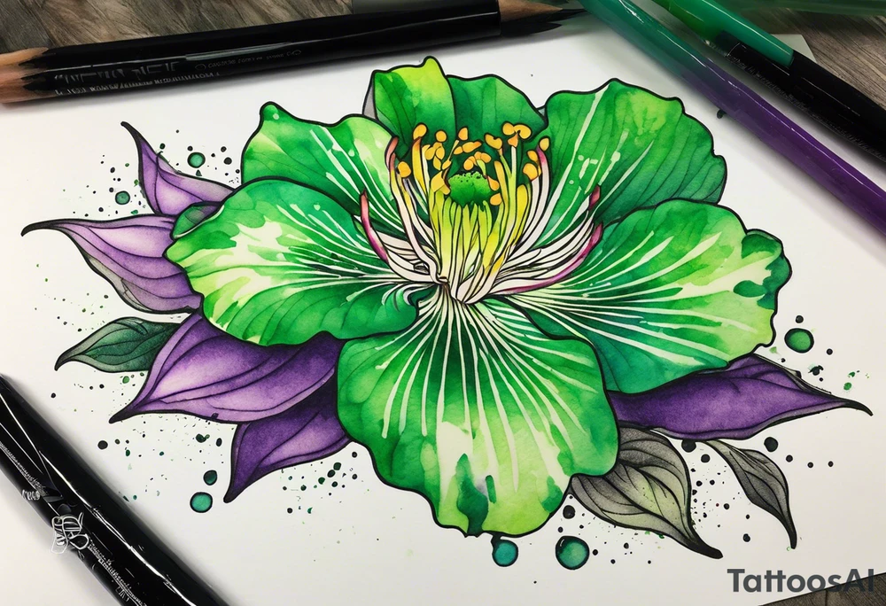 An outline of a green rio dipladenia flower and a green/purple watercolor splatter in the background tattoo idea