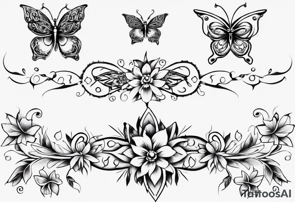 Ankle bracelet tattoo with flowers and butterflies and larger in the centre tattoo idea