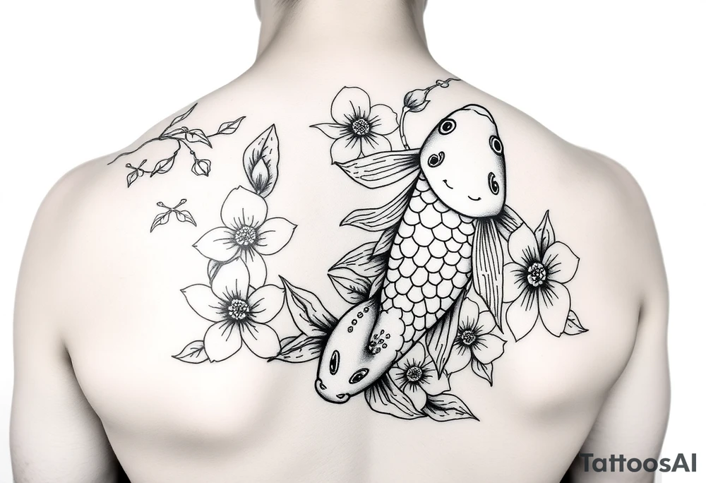 2004 Romain with big koi fish and Japanese blossoms tattoo idea