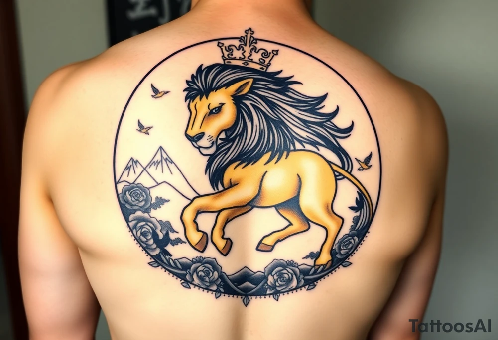 powerful majestic lion with a crown, surrounded byA golden mustang horse with black mane and legs, captured in motion inside a circle. The mountains and nature should frame the design, blending with the horse's black fur as a base to represent the landscape. Experiment with using the black fur to shape the mountains, playing with edges or interior details. floral ornaments and birds tattoo idea