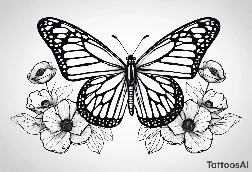 Design a black and white fine line tattoo of a monarch butterfly. The top halves of the wings should be filled with delicate poppy flowers, seamlessly integrated into the wing design. The overall style should be minimalistic and elegant, with clean lines and intricate details. The bottom halves of the wings should remain simple to emphasize the flowers above. tattoo idea