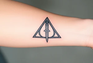 deathly hallows symbol from harry potter with a sword in the middle tattoo idea