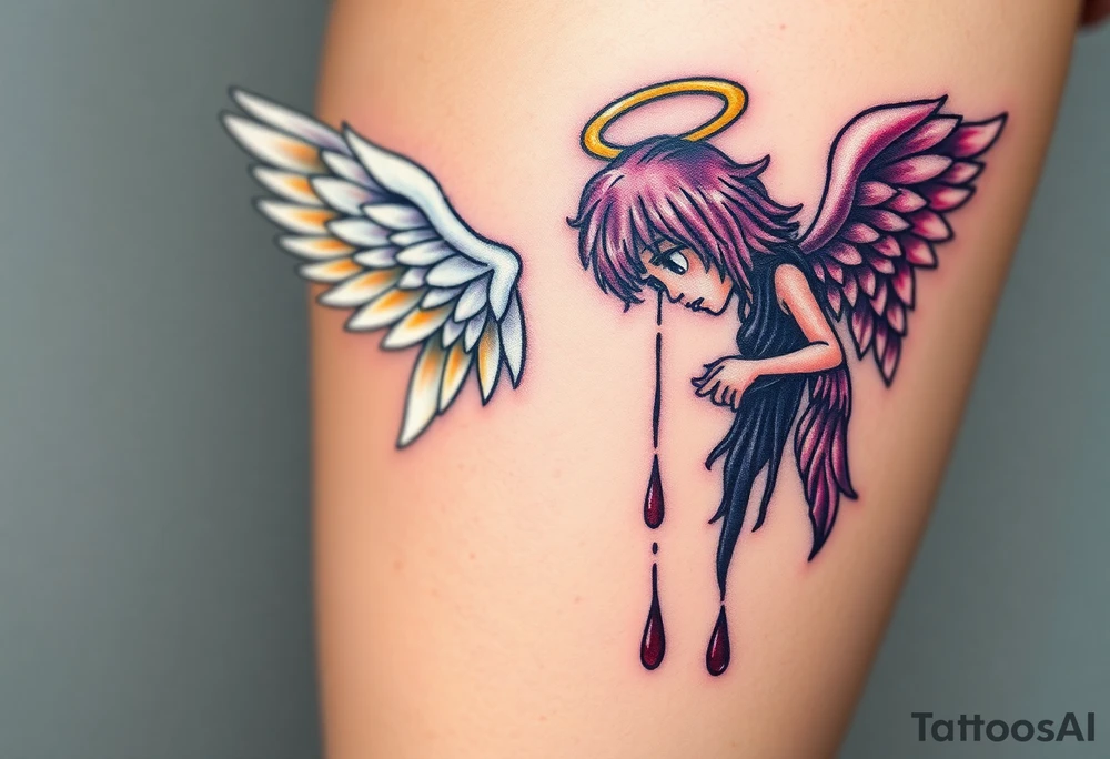 Seraphim angel, with brilliant white wings that shine with golden accents and divine light, is contrasted with a fallen angel, whose wings are tattered and darkened with deep purples, reds, and blacks, dripping with sorrowful tears of blood. tattoo idea