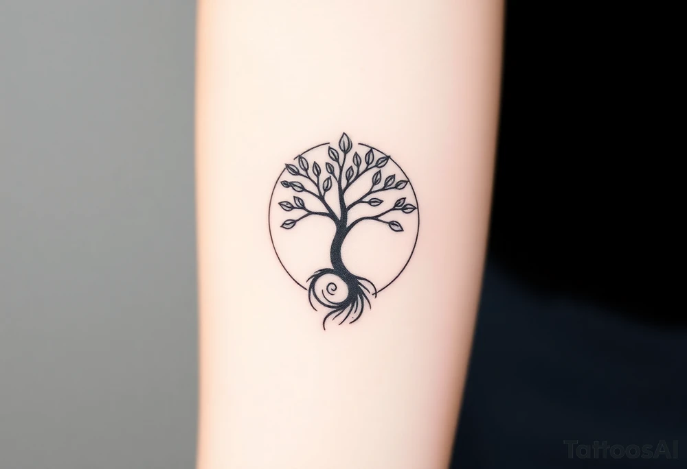 A tree in a circle,
 with fee leaves, with an outward  spiral as its roots tattoo idea
