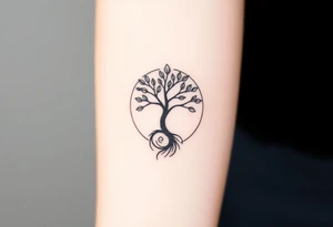 A tree in a circle,
 with fee leaves, with an outward  spiral as its roots tattoo idea