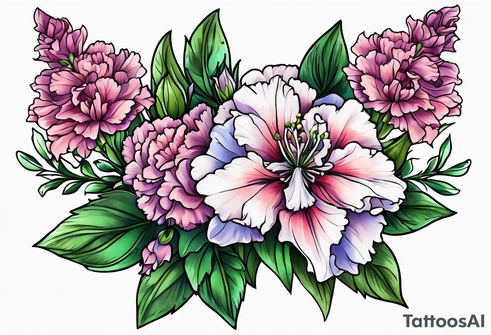 Larkspur flowers and carnation flowers in all color tattoo idea