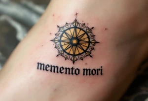 A cracked sundial in old bronze hues, casting a shadow over the words "memento mori" in distressed serif type. tattoo idea