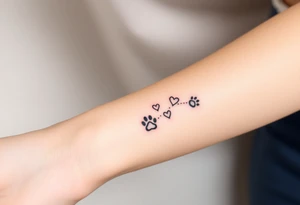 a lineal path of cat paw prints and hearts following the path tattoo idea