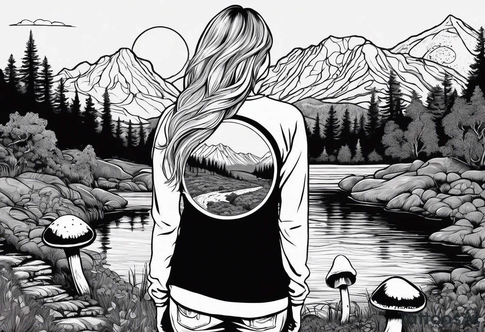 Whole picture encircled fully

Straight long blonde hair hippie girl in distance holding mushrooms in hand facing away toward mountains and creek surrounded by mushrooms long sleeve shirt and hiking pants; whole rendering within a full circle, no cut off circle tattoo idea