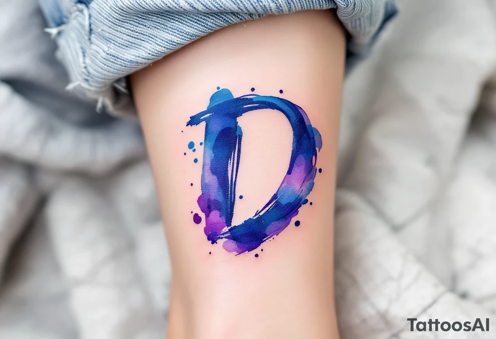 Watercolor Brushstroke D – A bold, free-flowing D painted with vibrant blue and purple watercolor splashes fading outward. tattoo idea