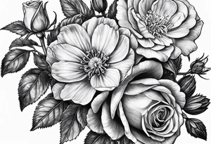 a pencil drawing of a violet, a rose, a larkspur and an aster flower cluster tattoo idea