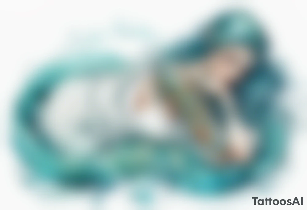 A beautiful undine with turquois scales wearing a white robe, laying on the shore tattoo idea