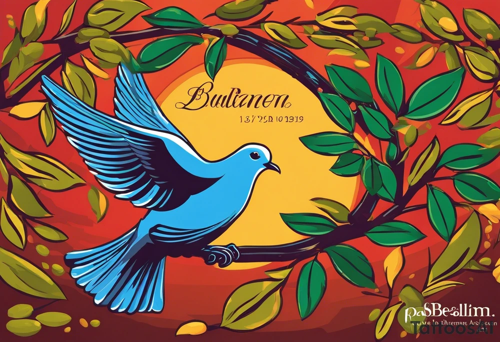 Dove soring through the air clasping an olive branch in its talons. The olive branch is fluttering in the wind with leaves from the branch floating behind the dove. The leaves transform into spear heads the further away from the dove they get. The words 'Si vis Pacem, para bellum' is boldly transcribed underneath the scene tattoo idea