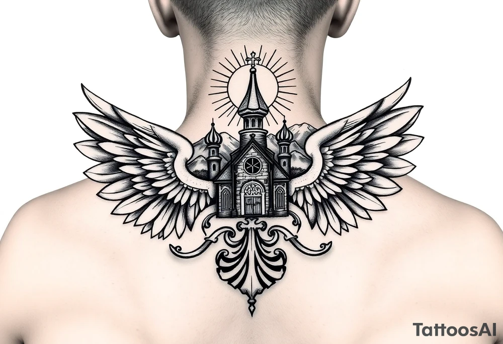 russian coat of arms with both heads visible & wings spanning out on my back neck across on to my shoulders with an orthodox christian church being visible in a mountainous sun beaming setting, with the russian orthodox cross spire of the orthodox church being visible on my neck with a sun beaming in the background that the cross sits inside tattoo idea