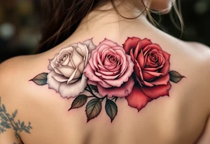 Three blossom roses in different stages of bloom—white (beginning), pink (growth), and deep red (passion)—sorted one under another tattoo idea