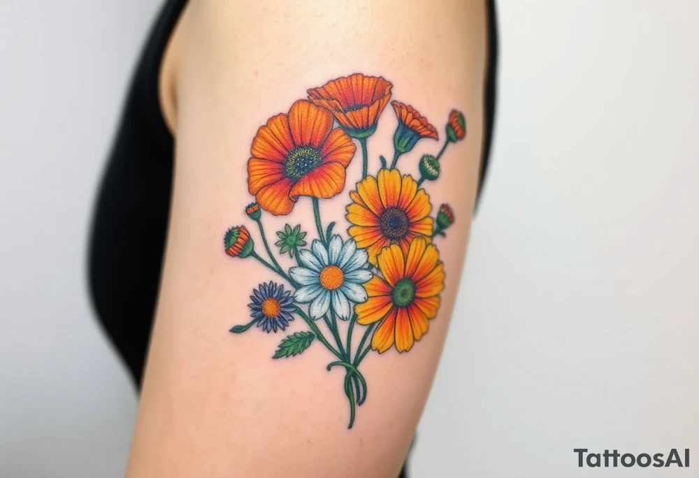 Create an image of an upper arm tattoo (from shoulder cap to just above the elbow) comprised of California poppies, California blackberries, gray’s lupine, marsh marigold, Indian paintbrush, one daisy, and an orange and orange blossom. More realistic and Use color. Bigger bundle and less stems tattoo idea