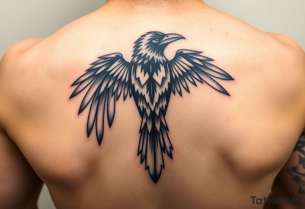 Geometric design of crow with long wings with dark shading  for forearm tattoo idea