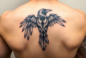 Geometric design of crow with long wings with dark shading  for forearm tattoo idea