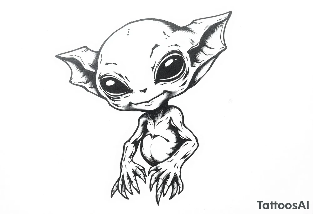A street stencil style drawing of an cute alien tattoo idea