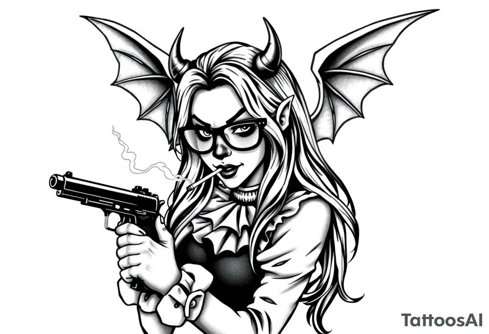 beautiful long hair Clown Girl thug eyeglasses devil wings smoking a cigarette holding a gun tattoo idea