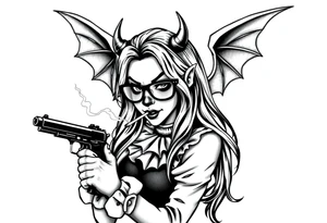 beautiful long hair Clown Girl thug eyeglasses devil wings smoking a cigarette holding a gun tattoo idea