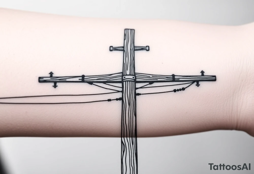 a wooden 12kv distribution pole with electrical lines. Make the pole a cross that has a hidden resemblance to god. tattoo idea