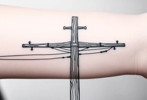 a wooden 12kv distribution pole with electrical lines. Make the pole a cross that has a hidden resemblance to god. tattoo idea