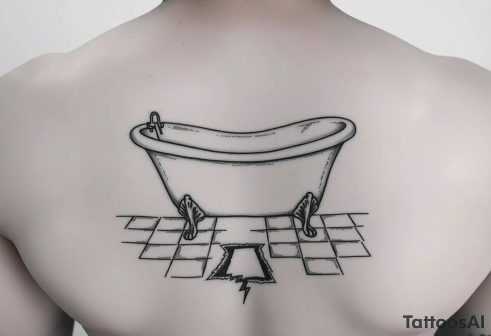 clawfoot bathtub on a tile floor and light coming up out of a crack on the floor tattoo idea