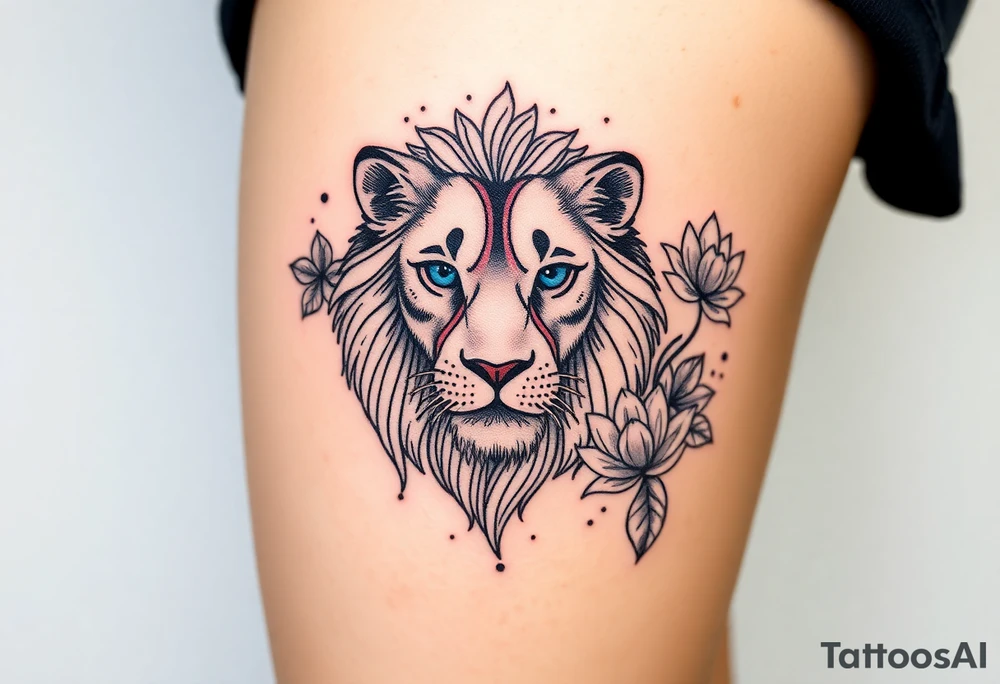 Lion with blue eyes surrounded by larkspur and water lily tattoo idea