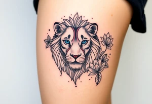 Lion with blue eyes surrounded by larkspur and water lily tattoo idea