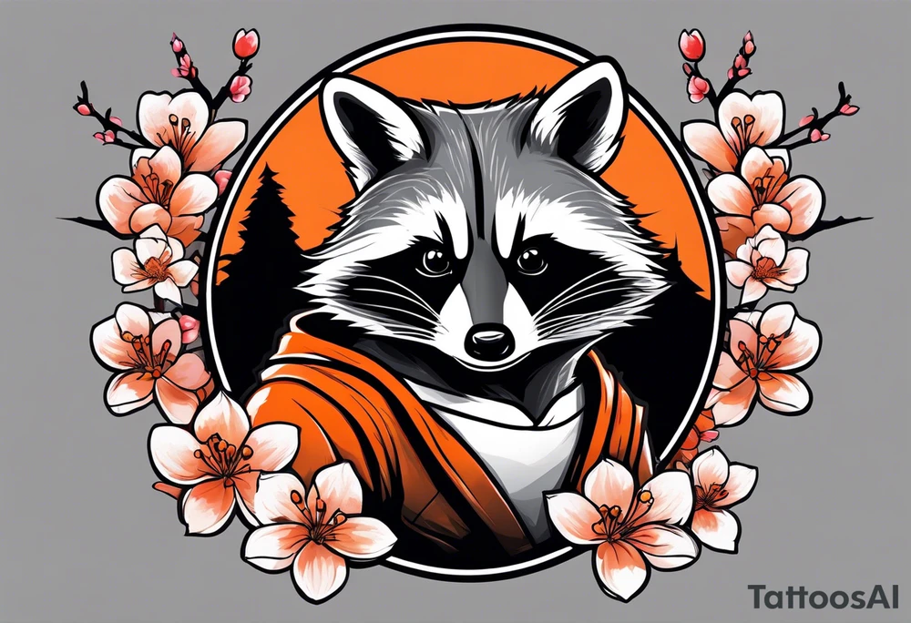 Raccoon wearing a white Superman logo on a black hoodie and orange Japanese cherry blossoms tattoo idea