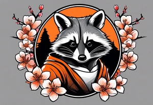 Raccoon wearing a white Superman logo on a black hoodie and orange Japanese cherry blossoms tattoo idea