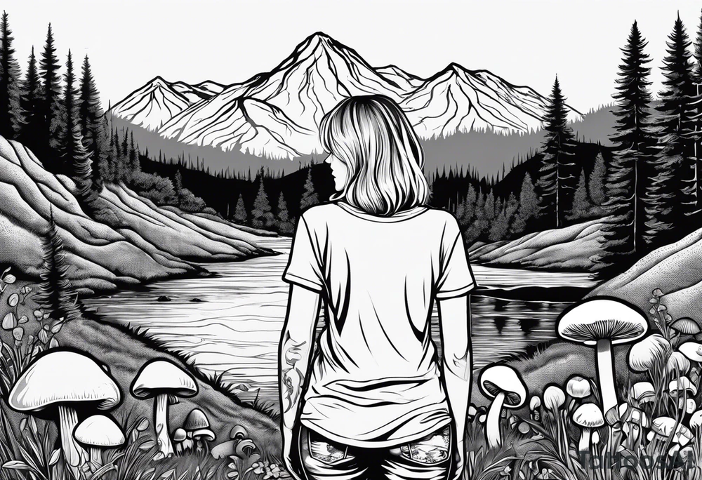Straight long blonde hair hippie girl in distance holding mushrooms in hand facing away toward mountains and creek surrounded by mushrooms tee shirt and hiking pants; whole rendering within a full circle, no cut off circle tattoo idea