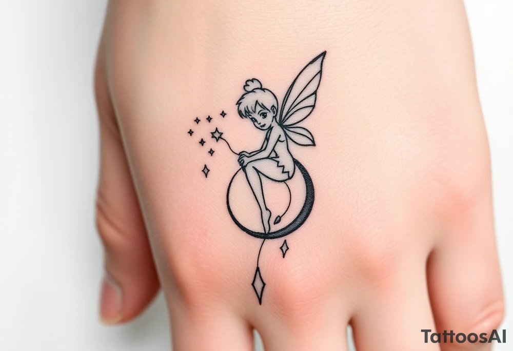 Tinkerbell sitting on a crest moon thrown pixie dust tattoo idea