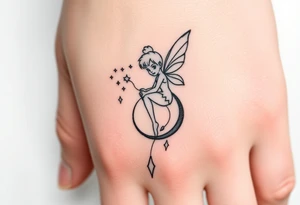 Tinkerbell sitting on a crest moon thrown pixie dust tattoo idea