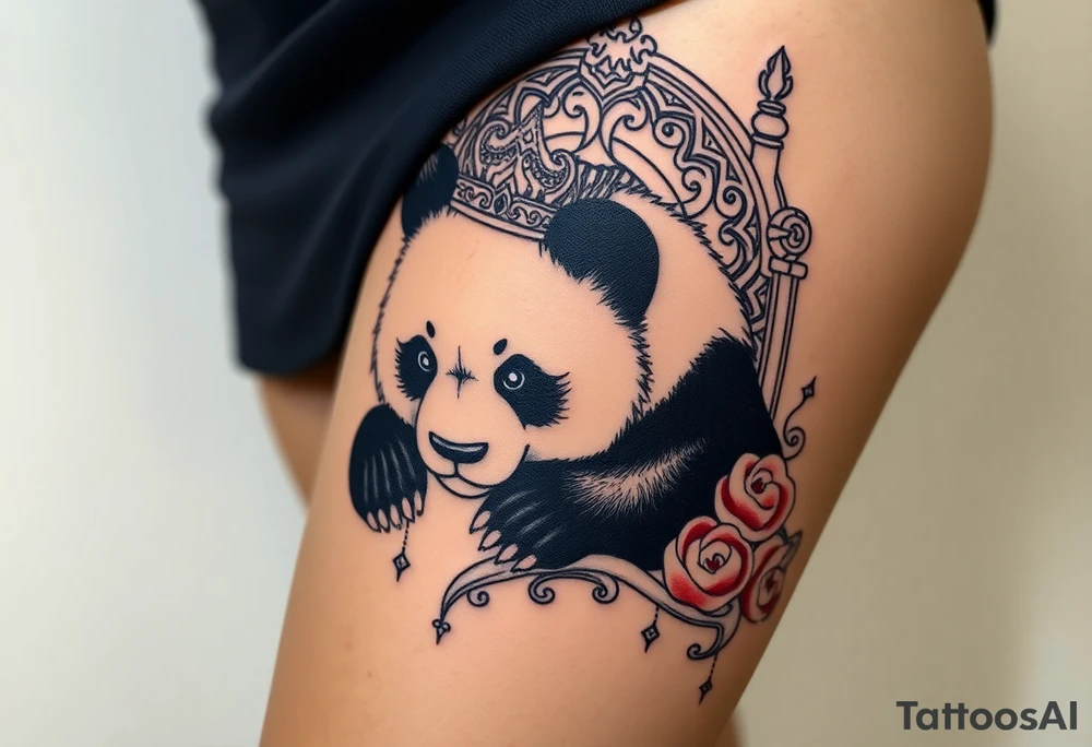 powerful superior panda with a crown, sexy princess on a throne looking down at her worshippers tattoo idea