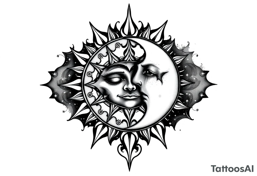 celestial sun and moon embrace with constellation patterns tattoo idea celestial sun and moon embrace with constellation patterns tattoo idea