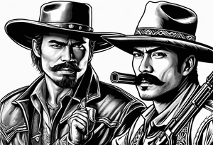 Small tattoo of A cowboy and a mexican bandito with guns drawn having a mexican standoff draw tattoo idea