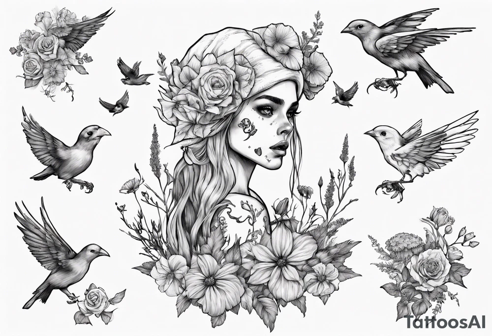 Elf carrying her dead bird in a flower medow tattoo idea