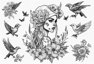 Elf carrying her dead bird in a flower medow tattoo idea