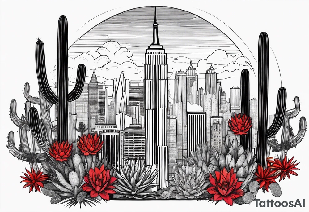 Crest with a hood on top,
13 rays of red and weld-yellow on the top half. NYC sky line
a cactus on the left side and a royal palm on the right side tattoo idea