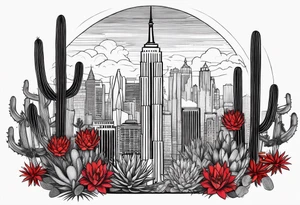 Crest with a hood on top,
13 rays of red and weld-yellow on the top half. NYC sky line
a cactus on the left side and a royal palm on the right side tattoo idea