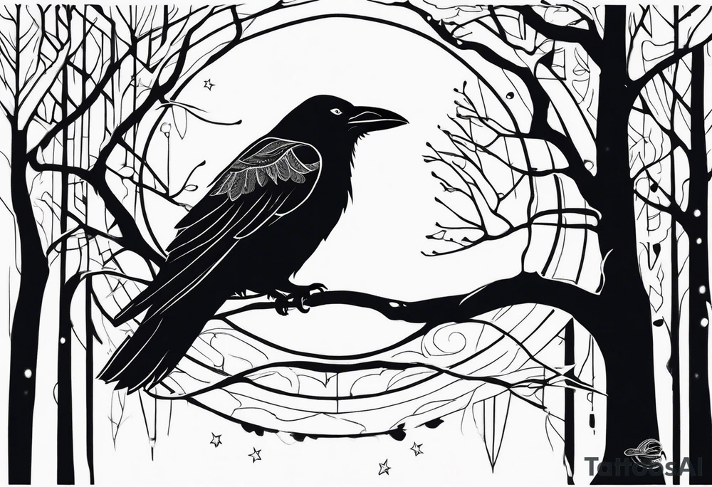 Raven in flifht, head down, knowing, ethereal, moon stars and trees in the background tattoo idea