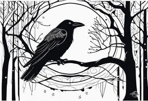 Raven in flifht, head down, knowing, ethereal, moon stars and trees in the background tattoo idea