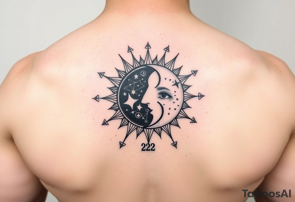 celestial sun and moon embrace with constellation patterns with number 222 tattoo idea celestial sun and moon embrace with constellation patterns with number 222 tattoo idea