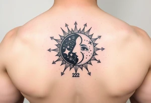 celestial sun and moon embrace with constellation patterns with number 222 tattoo idea