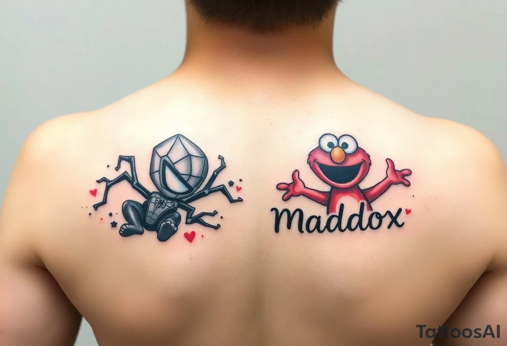 baby spider man and elmo , 
Colorful 
Greyson and maddox names somewhere around tattoo idea