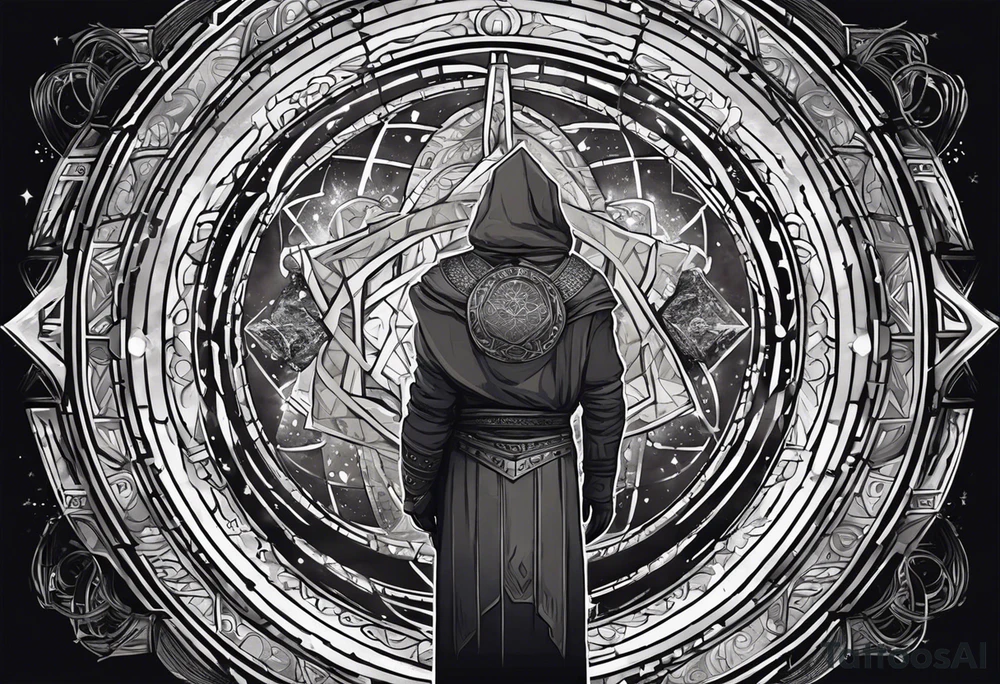 Jehovah looking out at the marvels of his creation from the atoms to the galaxy and celestial beings. With grey wash and a fantasy theme. Jehovah has to be a character who is so majestic, charismatic, immensely powerful. There isnt a single thing he isnt capable of doing. Infinitely powerful forward facing tattoo idea