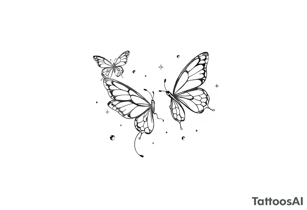 Simple outline of flying butterflies with lots of sparkles and bubbles tattoo idea