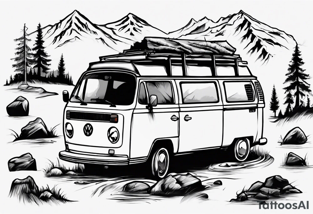 vw t3 in einer landschaft aus bergen und Wälder tattoo idea